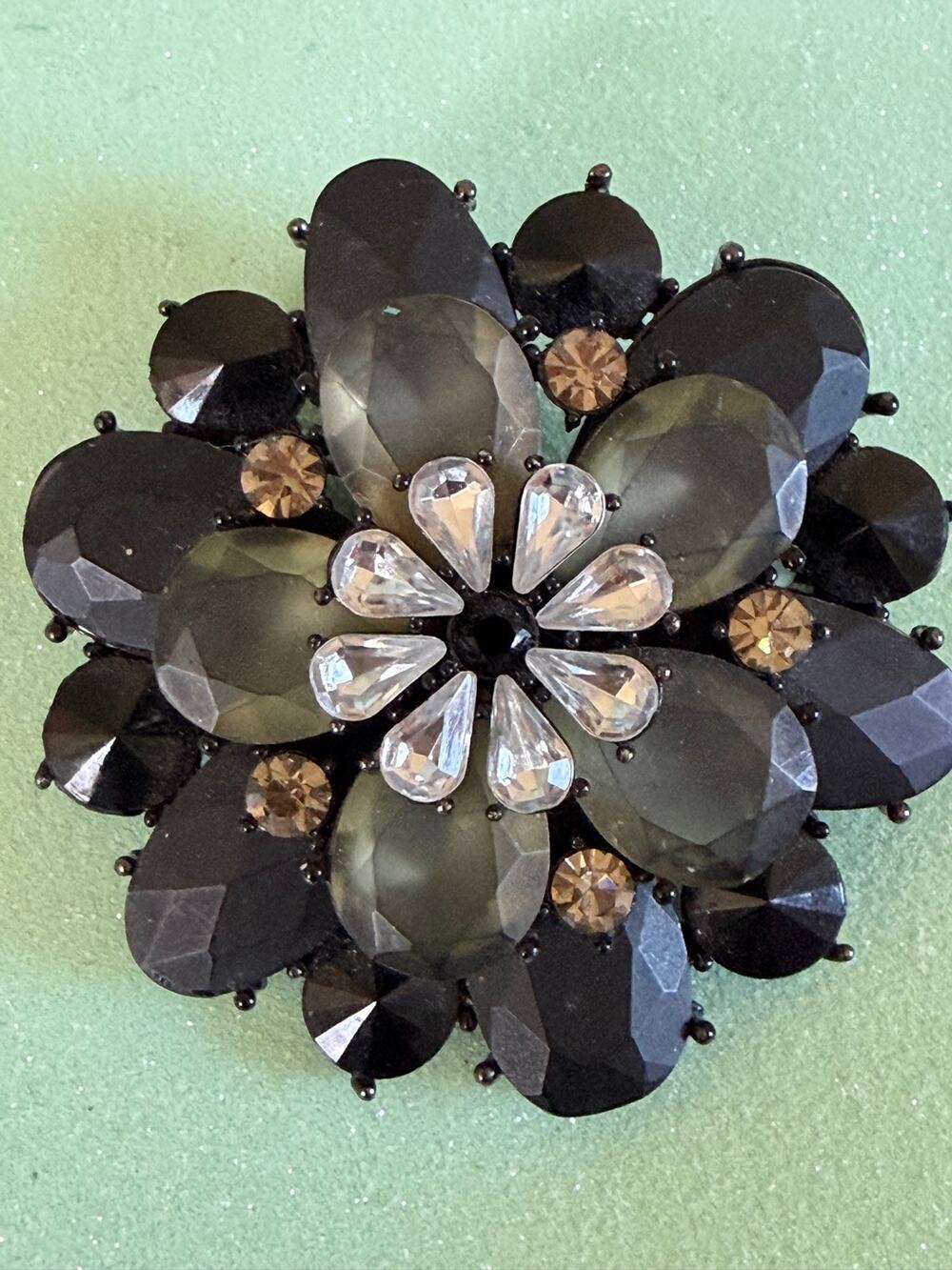 Black Smoky Gray Rhinestone Flower Brooch Large Statement Pin
